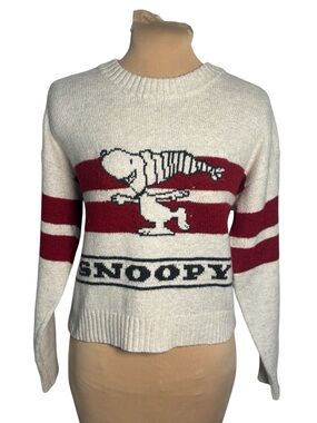 AE x Peanuts Snoopy Graphic Sweater Cream Red Striped Cozy Knit Size XS